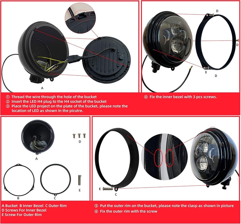 FATECIM Motorcycle 7" Round Headlight Bucket Housing 7 Inch LED Headlamp Shell Protective Cover Heavy Duty Universal for Harley Kawasaki Honda Yamaha Suzuki Chopper Cafe Racer Bobber Aprilia Black - Image 5